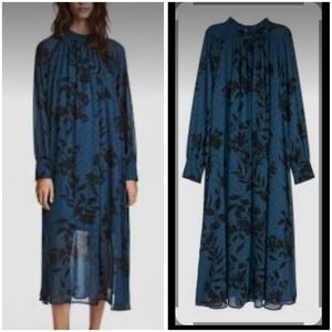 H&M Womens Dress Midnight Blue Floral Maxi Long Chiffon Long Raglan Sleeve sz 10